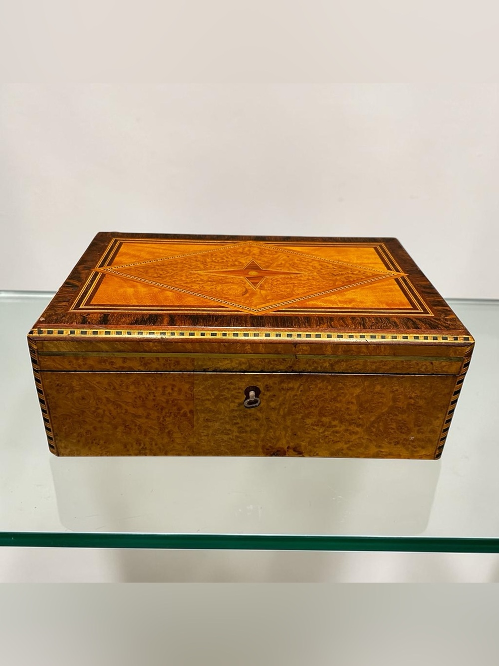 Antique 19th C. English Burl Walnut Slope Lap Desk Box with Inkwells and Key